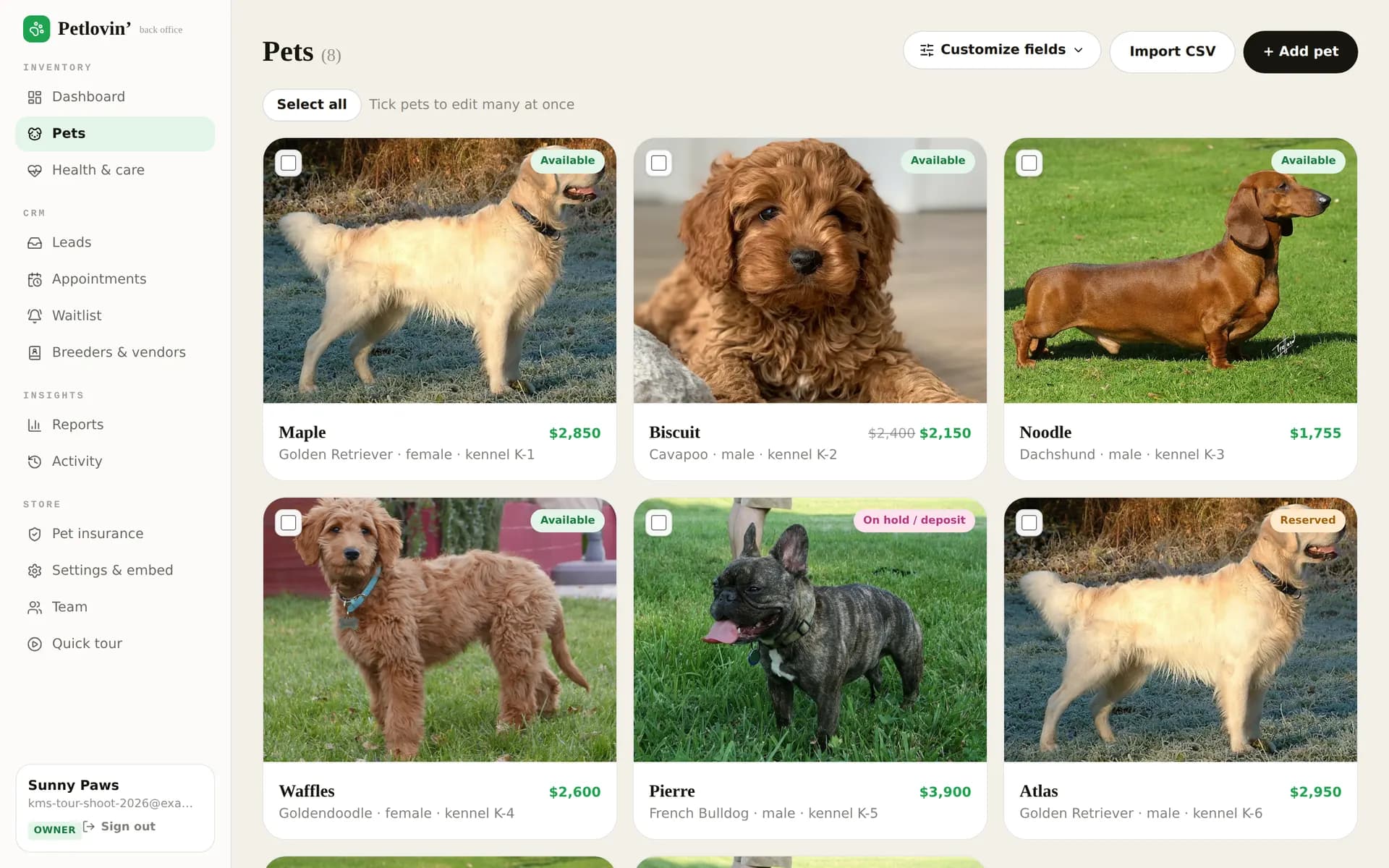 Animal records in Petlovin' KMS, with photos, status and price