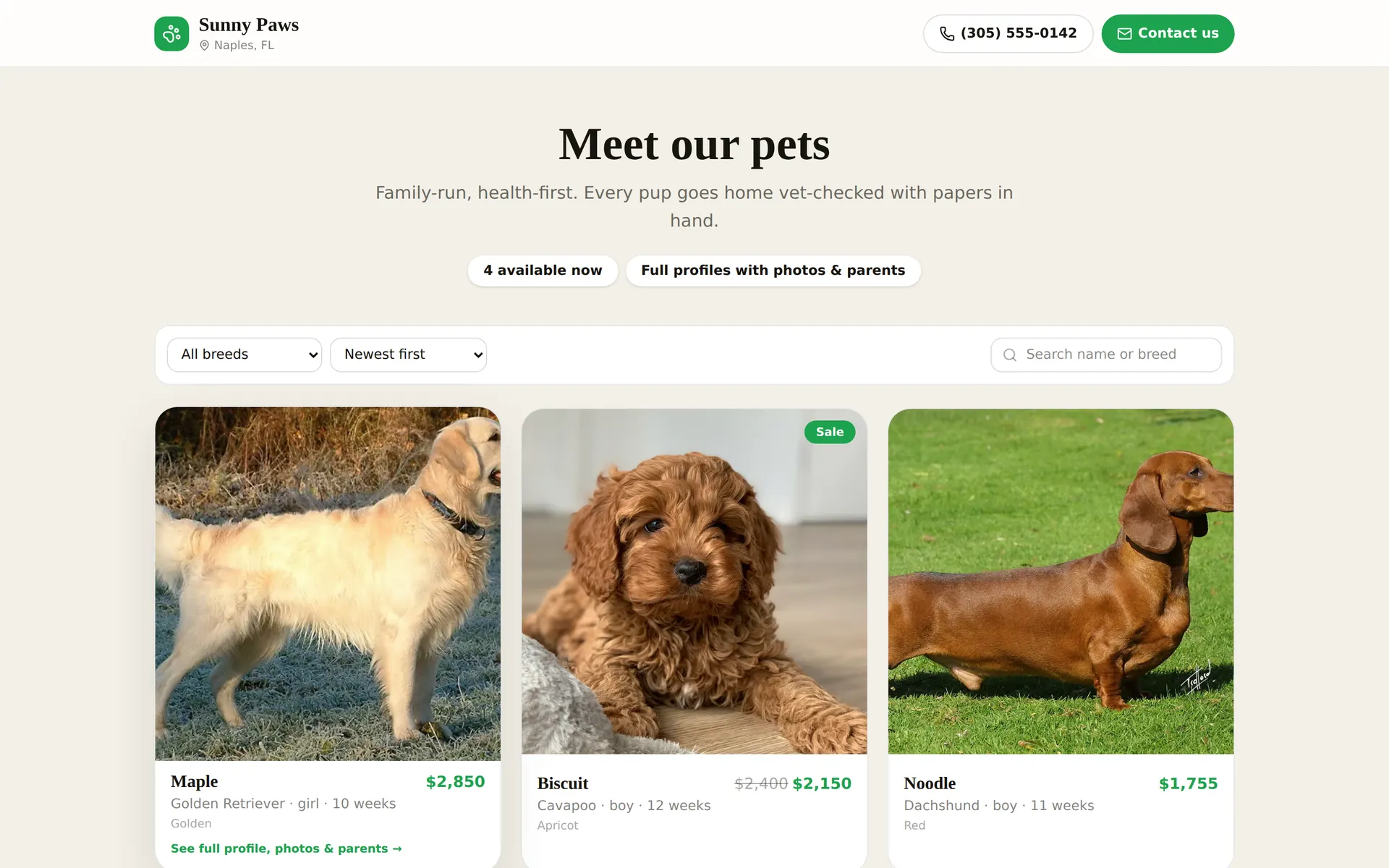A hosted Petlovin' storefront showing available animals
